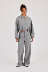 Pinstripe Collared Bomber Jacket & Wide Leg Trouser - Grey