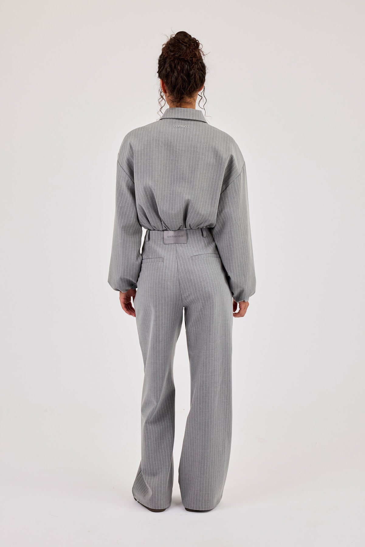 Pinstripe Collared Bomber Jacket & Wide Leg Trouser - Grey
