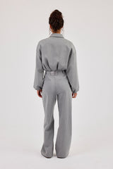 Pinstripe Collared Bomber Jacket & Wide Leg Trouser - Grey