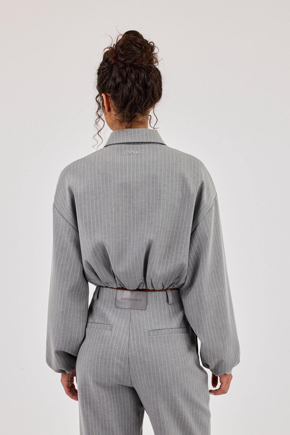 Pinstripe Collared Bomber Jacket - Grey