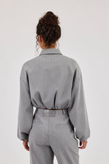 Pinstripe Collared Bomber Jacket - Grey