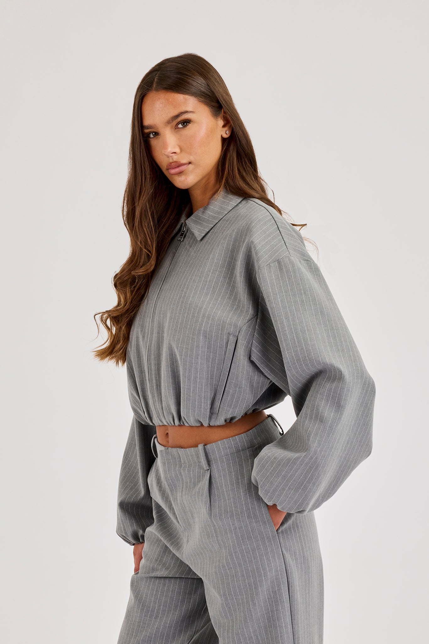 Pinstripe Collared Bomber Jacket - Grey