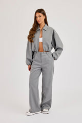 Pinstripe Collared Bomber Jacket & Wide Leg Trouser - Grey