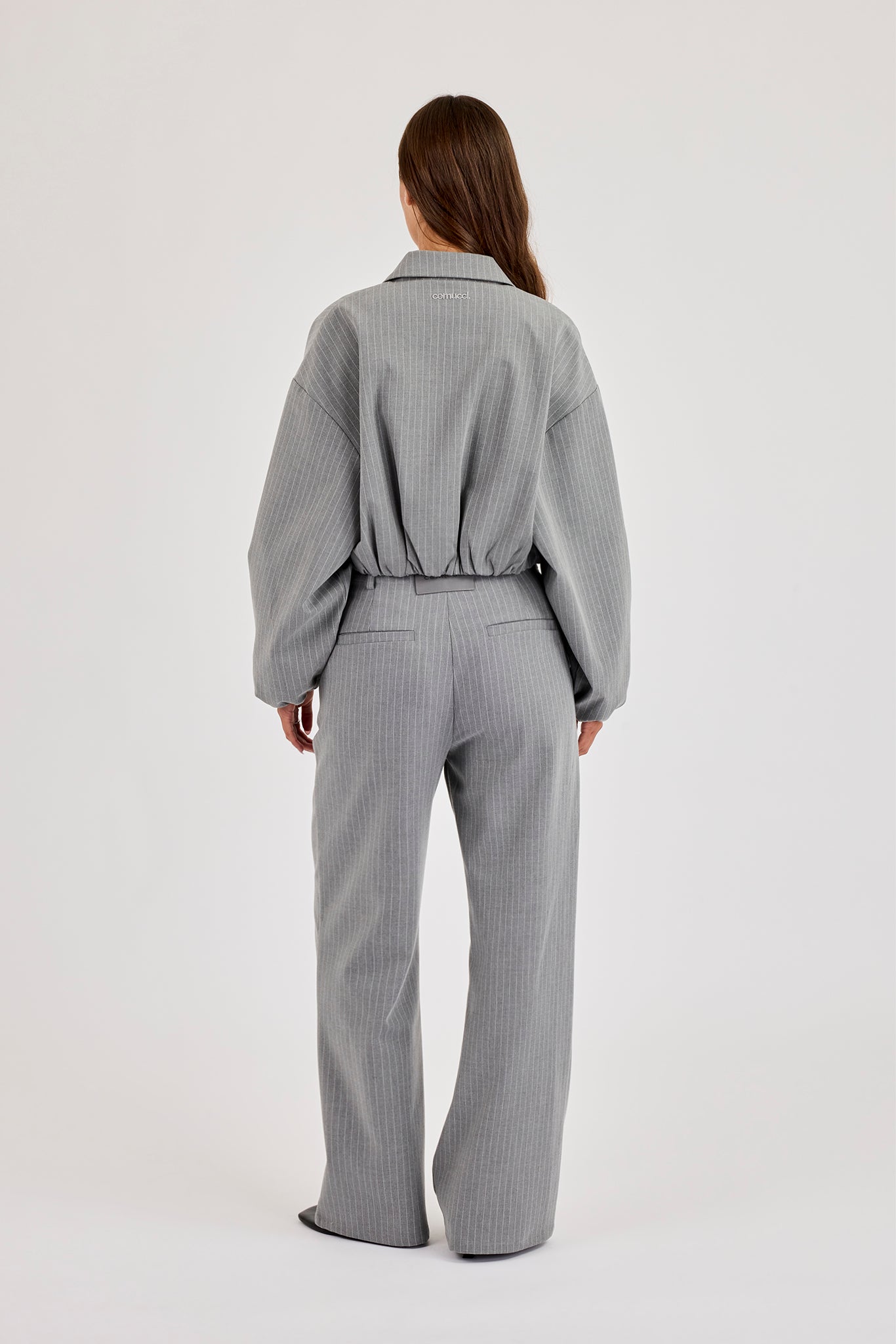 Pinstripe Collared Bomber Jacket & Wide Leg Trouser - Grey