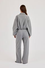 Pinstripe Collared Bomber Jacket & Wide Leg Trouser - Grey
