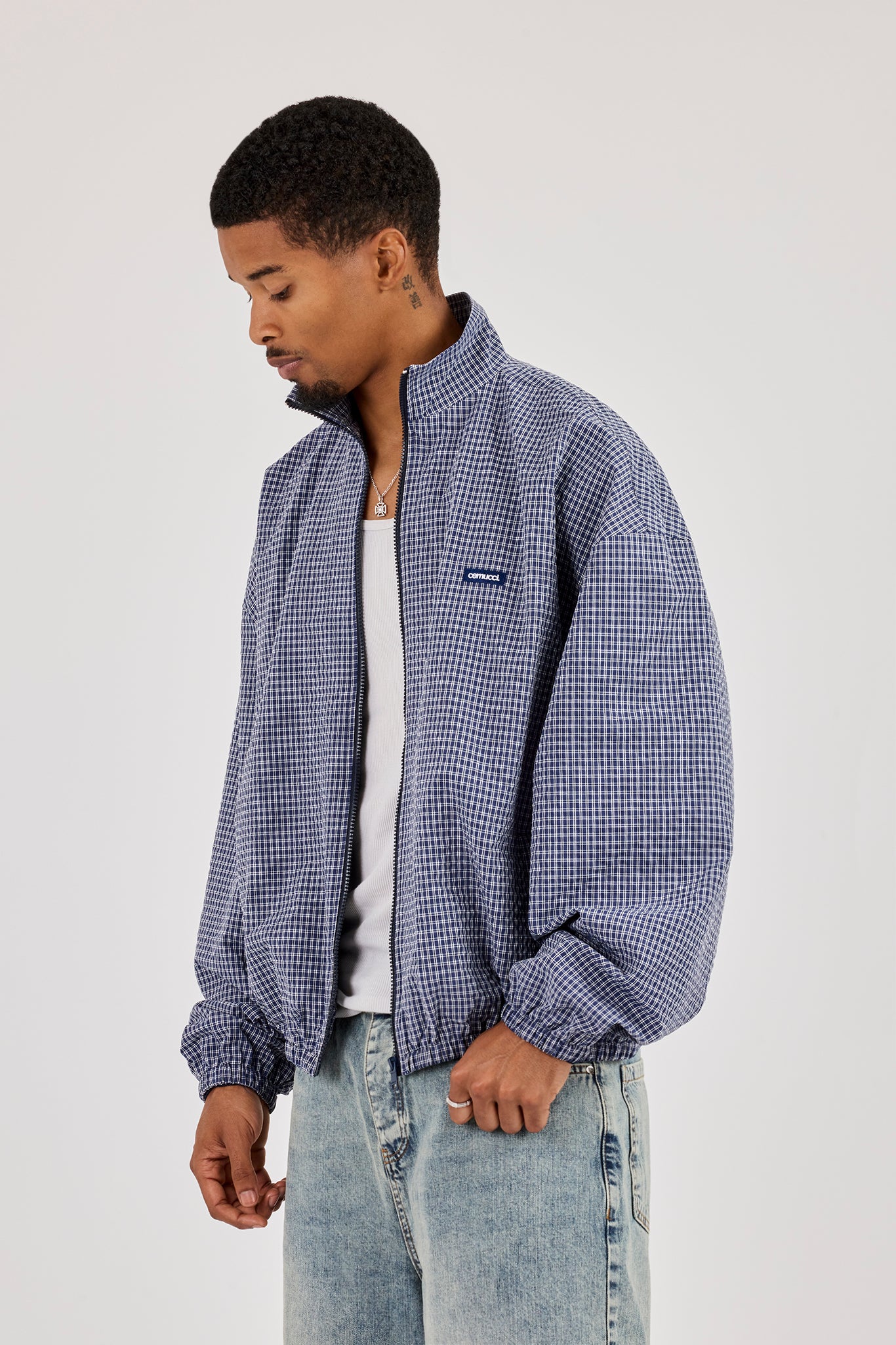 Check Funnel Neck Zip Jacket - Navy