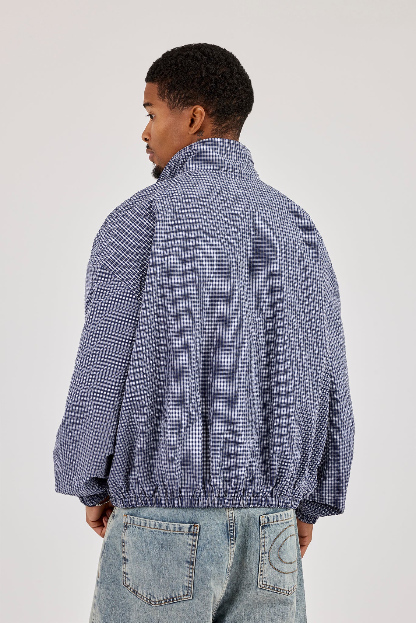 Check Funnel Neck Zip Jacket - Navy