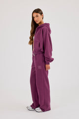 Chain Stitch Cropped Zip Through Hoodie & Wide Leg Jogger - Cosmic Purple