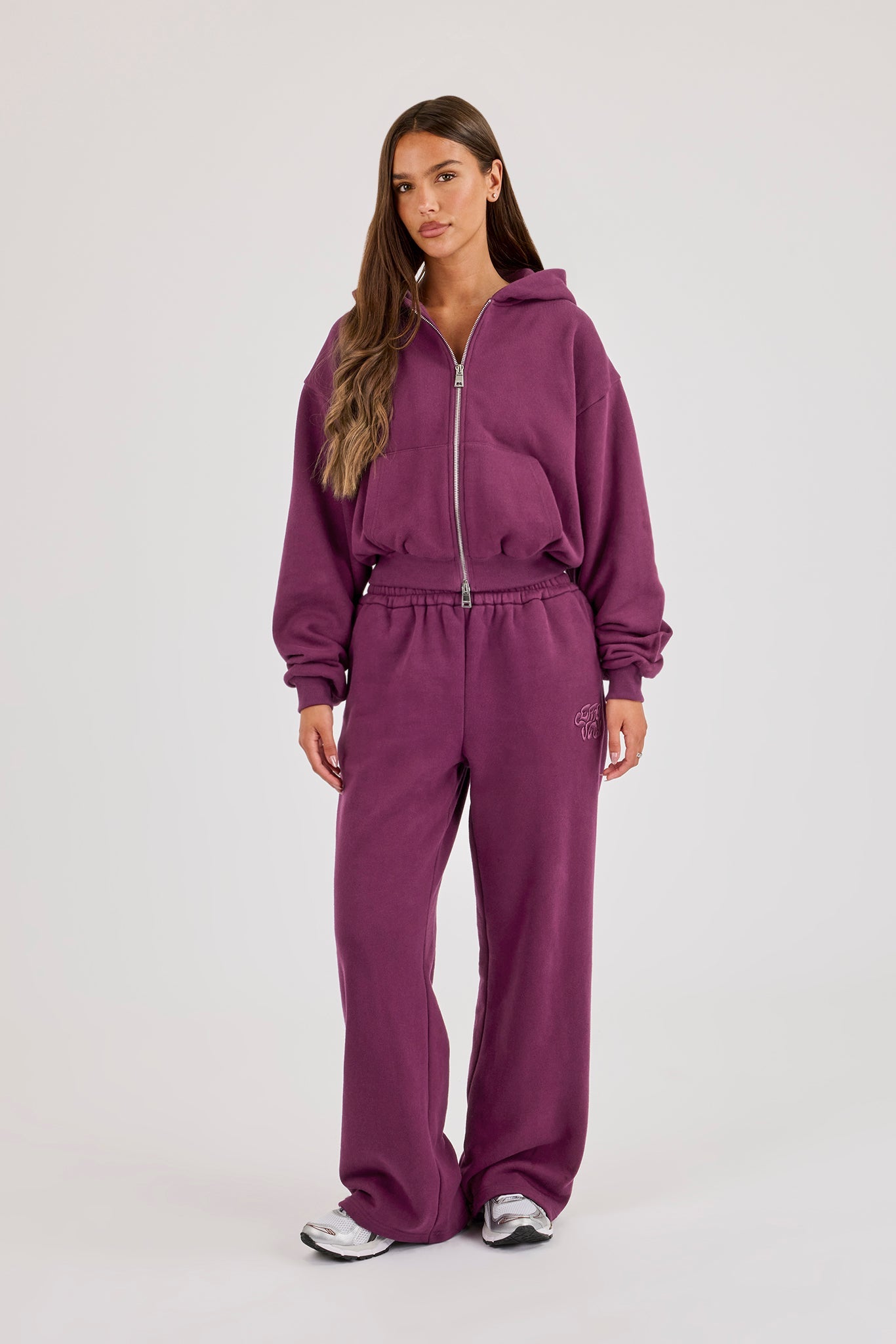 Chain Stitch Cropped Zip Through Hoodie & Wide Leg Jogger - Cosmic Purple