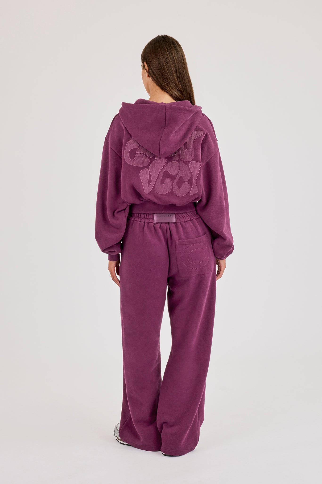 Chain Stitch Cropped Zip Through Hoodie & Wide Leg Jogger - Cosmic Purple