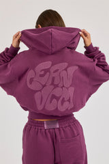 Chain Stitch Cropped Zip Through Hoodie - Cosmic Purple