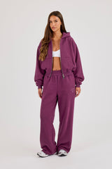 Chain Stitch Cropped Zip Through Hoodie & Wide Leg Jogger - Cosmic Purple