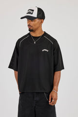 Mesh Back Print Oversized T-Shirt - Black