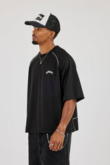 Mesh Back Print Oversized T-Shirt - Black