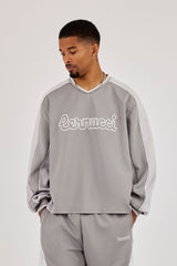 Long Sleeve V Neck Football Top - Light Grey
