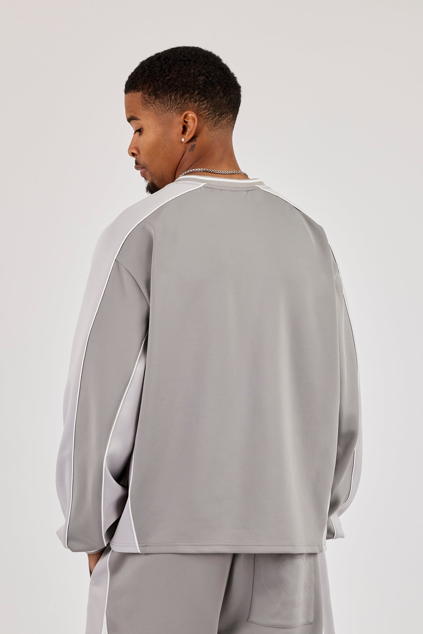 Long Sleeve V Neck Football Top - Light Grey