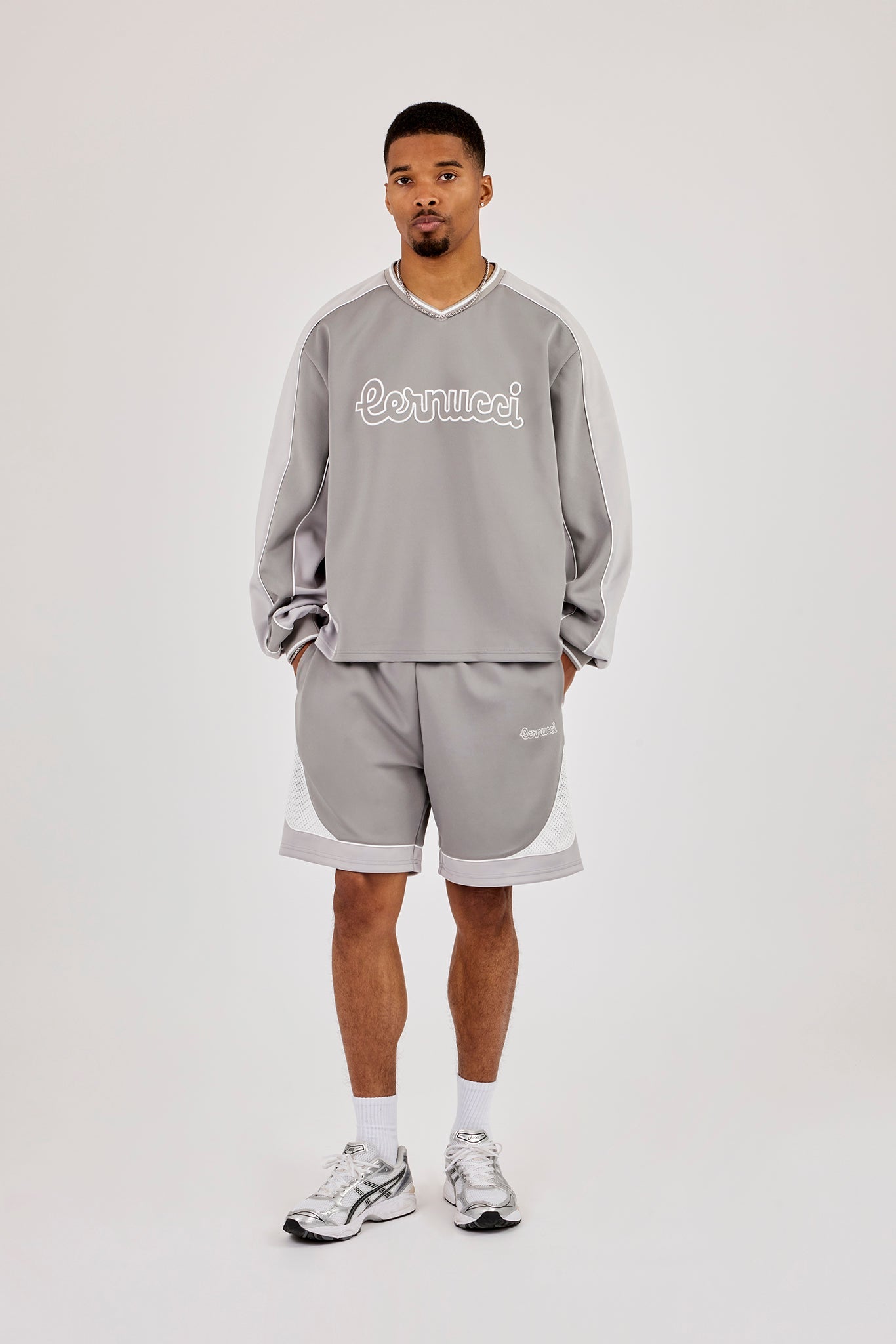 Long Sleeve V Neck Football Top & Relaxed Panelled Short - Light Grey