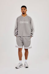 Long Sleeve V Neck Football Top & Relaxed Panelled Short - Light Grey