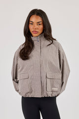 Check Nylon Funnel Neck Jacket - Beige