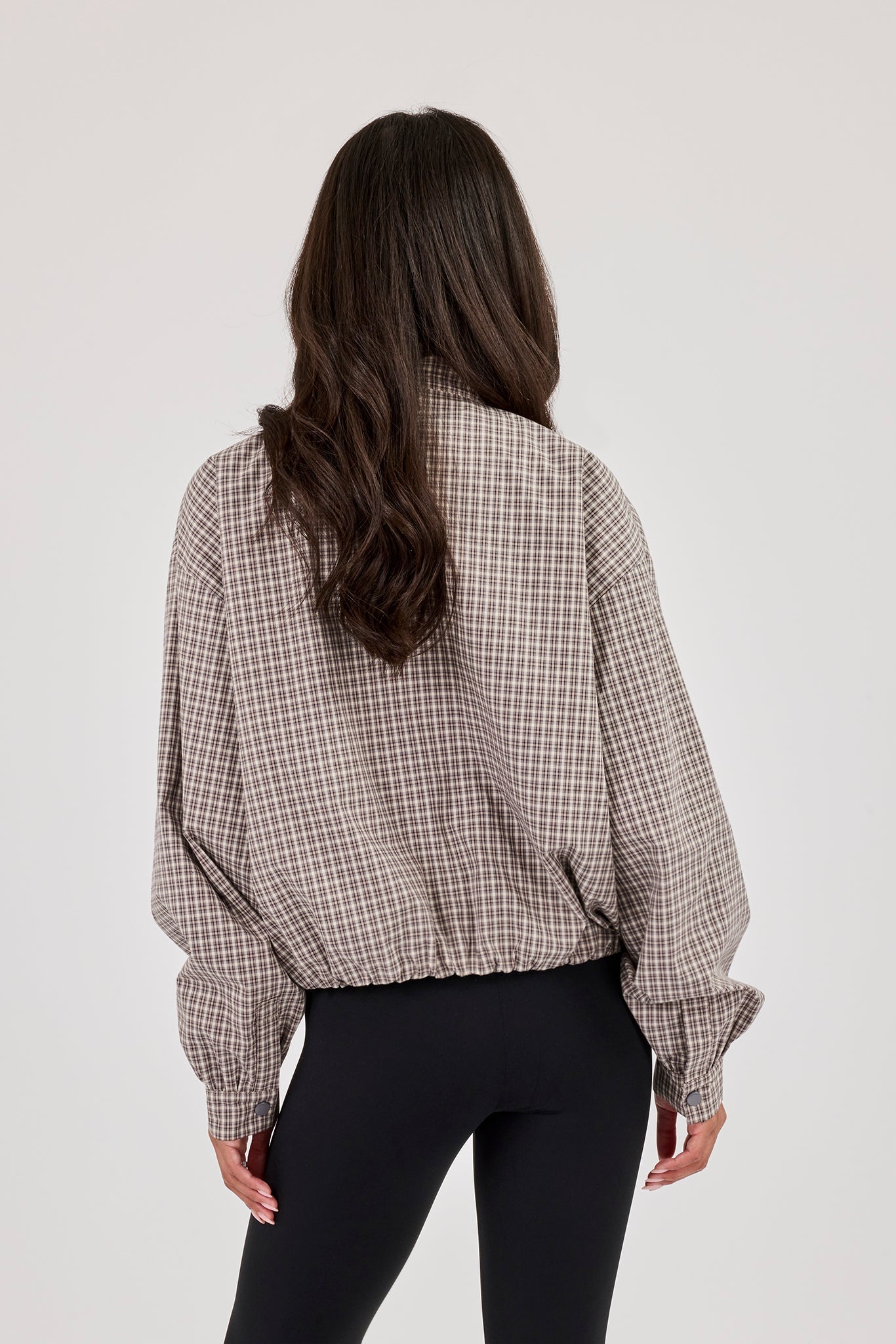 Check Nylon Funnel Neck Jacket - Beige