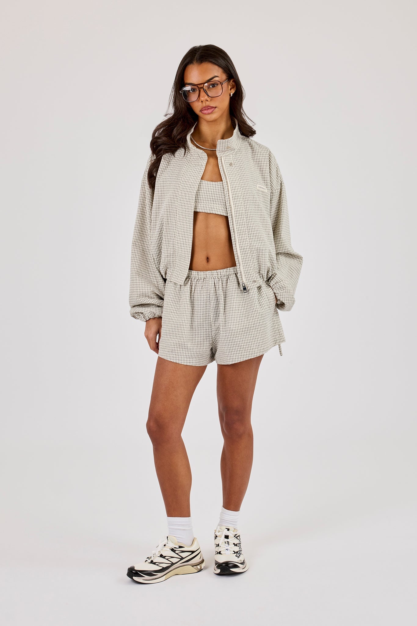 Check Twill Funnel Neck Jacket & Short & Off White