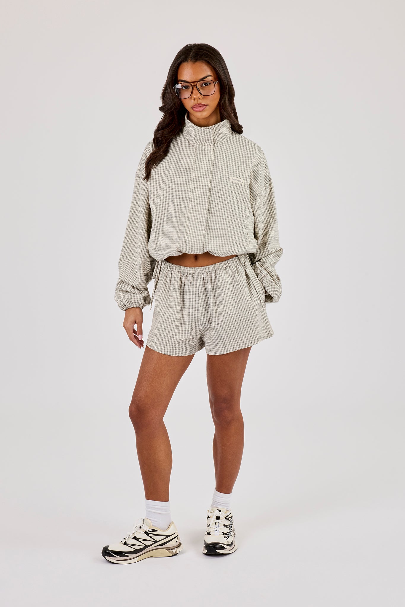 Check Twill Funnel Neck Jacket & Short & Off White