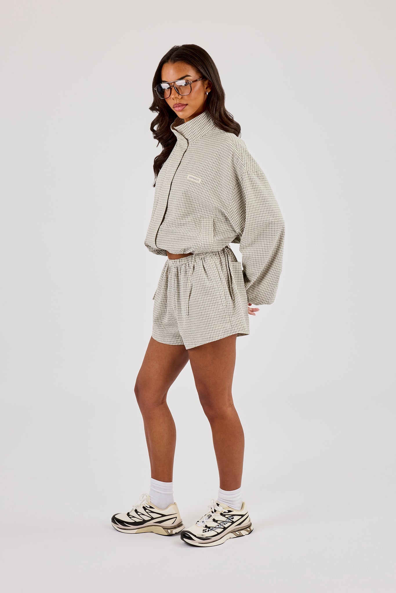Check Twill Funnel Neck Jacket - Off White