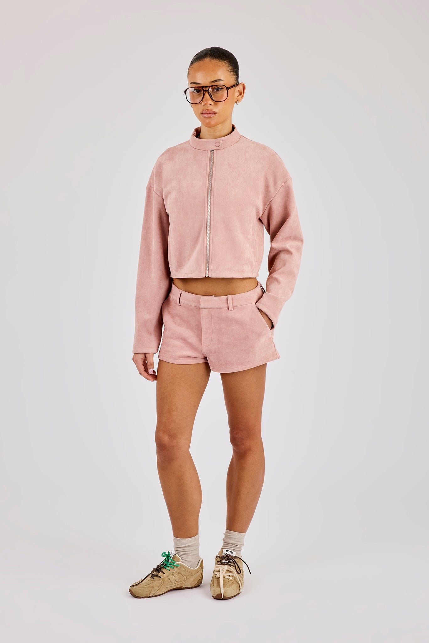 Suede Biker Jacket & Micro Short - Dusty Pink