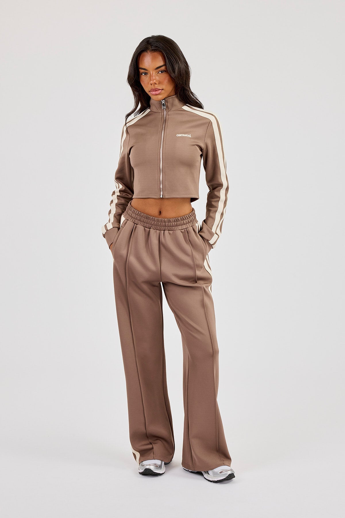 Fitted Taping Track Top & Wide Leg Track Pant - Taupe