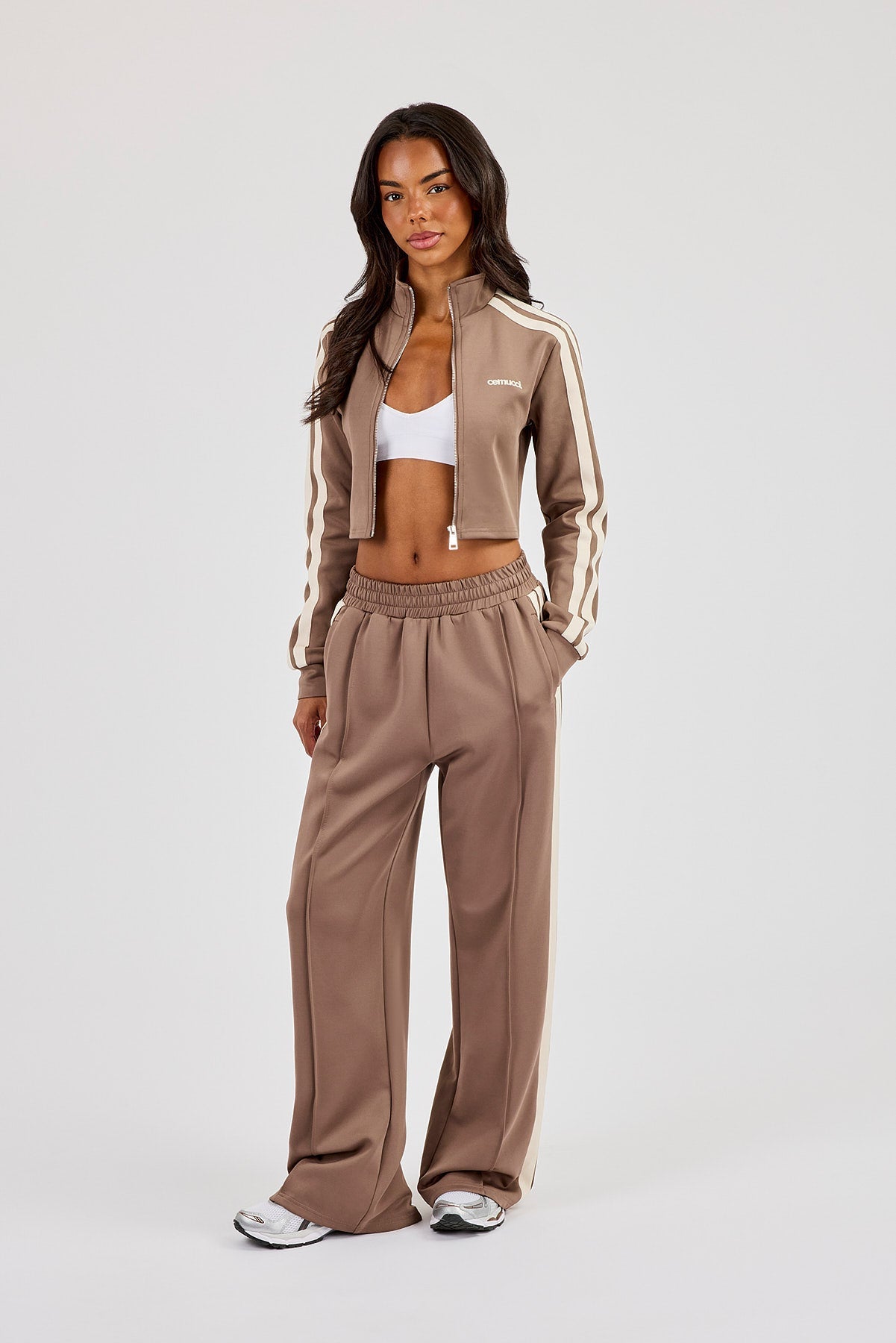 Fitted Taping Track Top & Wide Leg Track Pant - Taupe