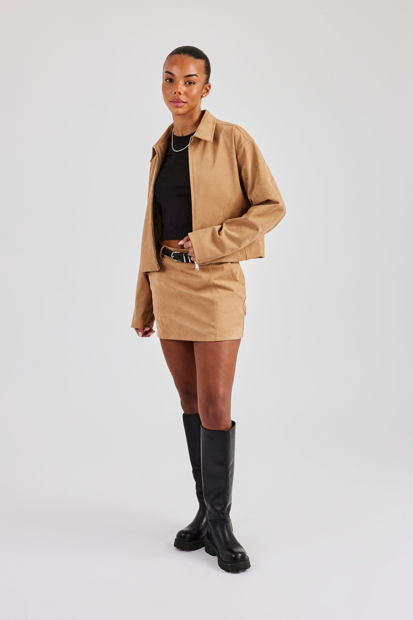 Suede Collared Jacket & Skirt - Beige