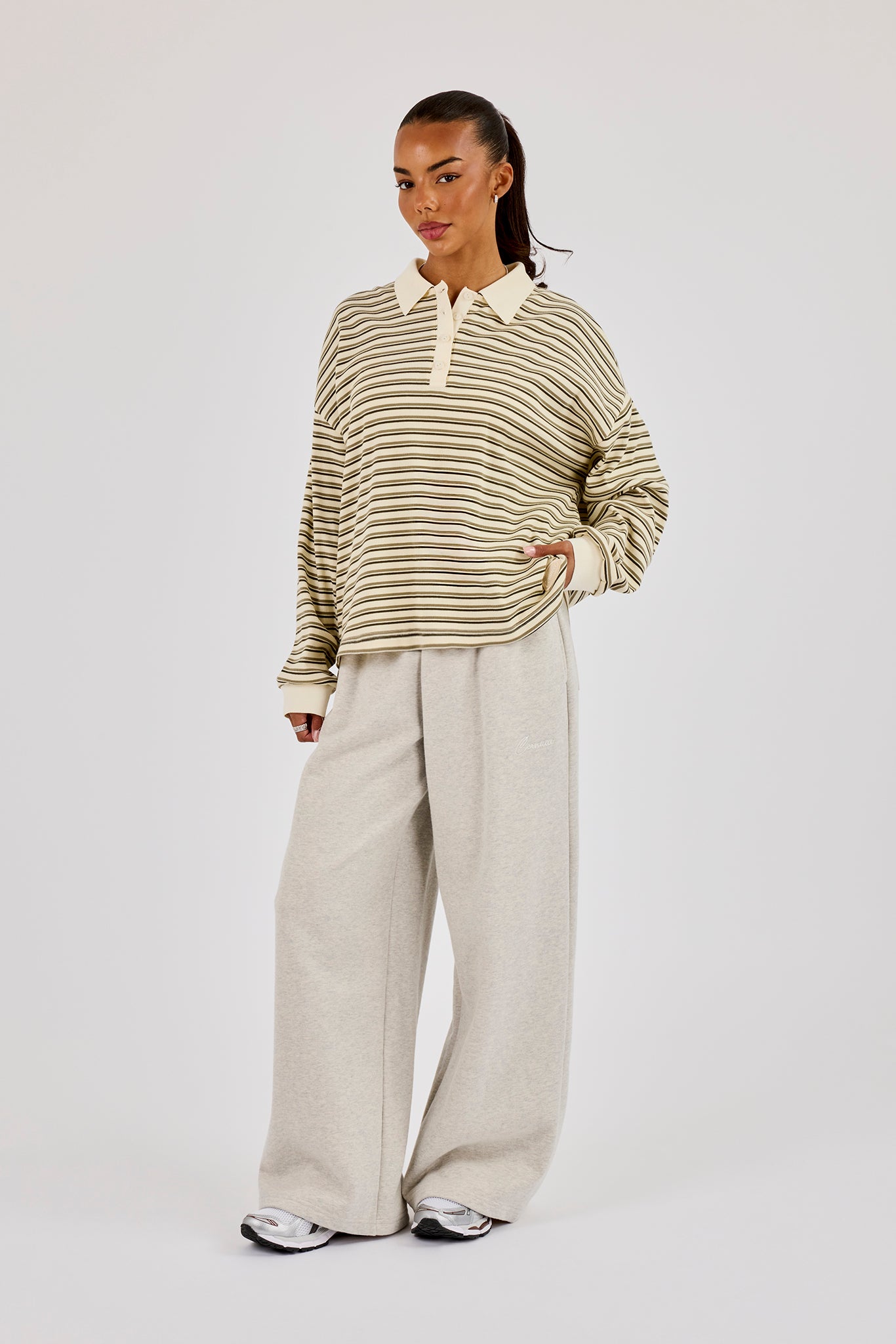 Oversized Textured Stripe Polo Top - Khaki