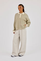 Oversized Textured Stripe Polo Top - Khaki