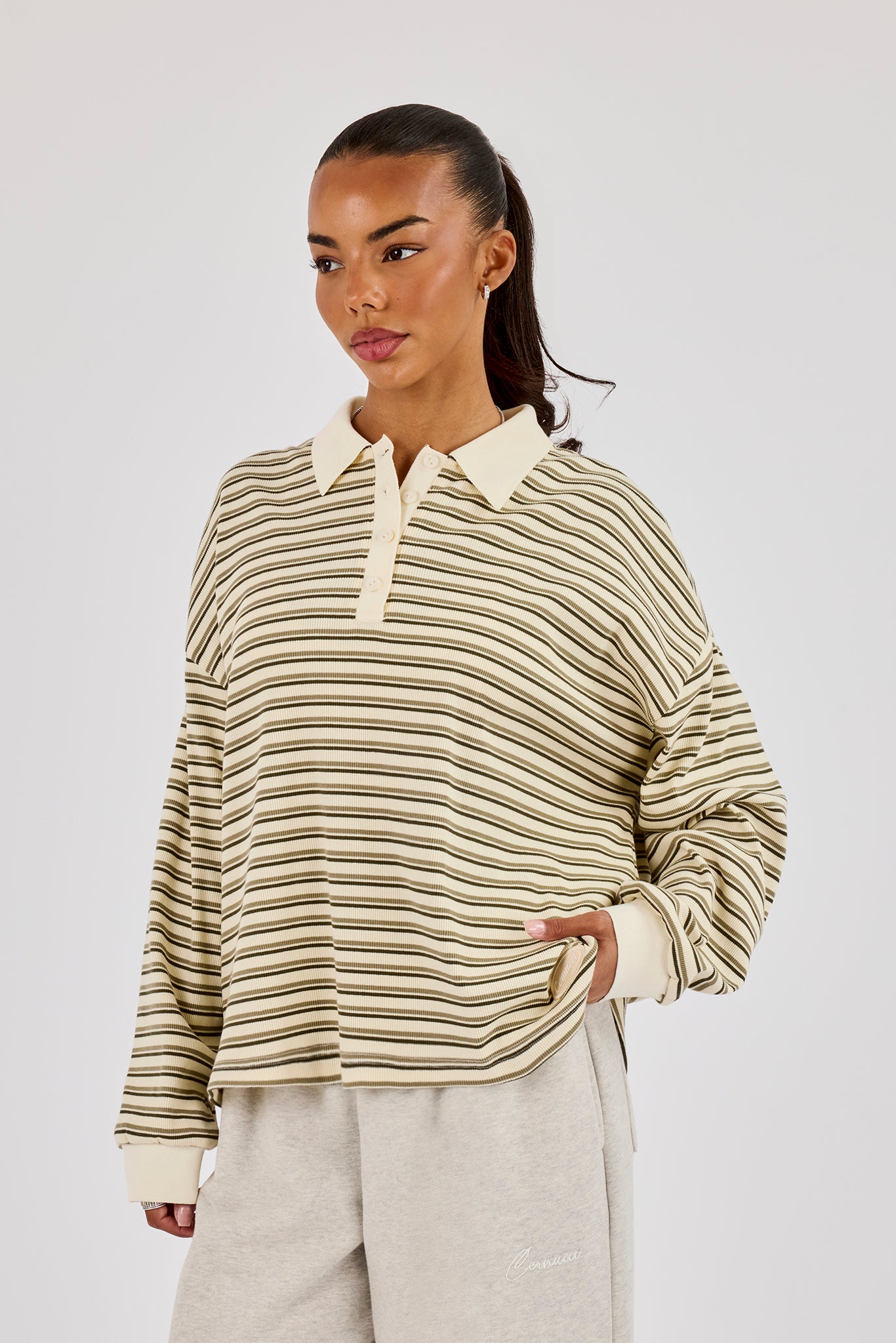 Oversized Textured Stripe Polo Top - Khaki