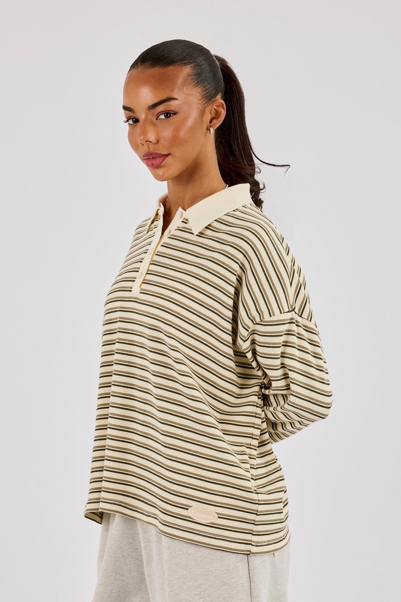 Oversized Textured Stripe Polo Top - Khaki