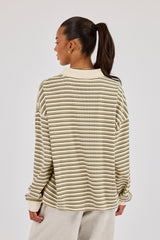 Oversized Textured Stripe Polo Top - Khaki