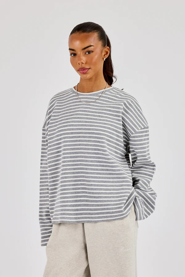 Waffle Stripe Long Sleeve T-Shirt - Grey