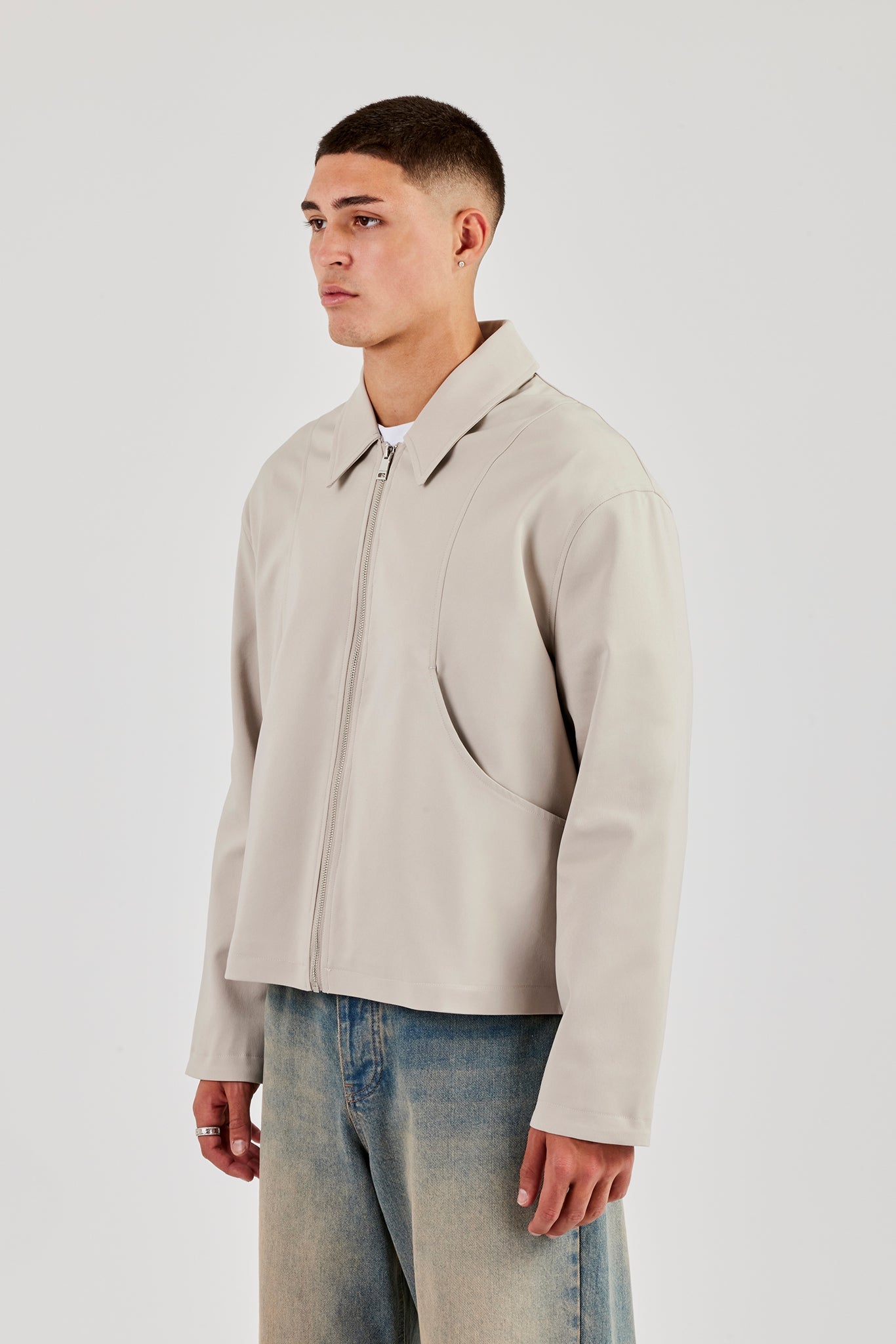 Twill Pocket Detail Harrington Jacket - Stone