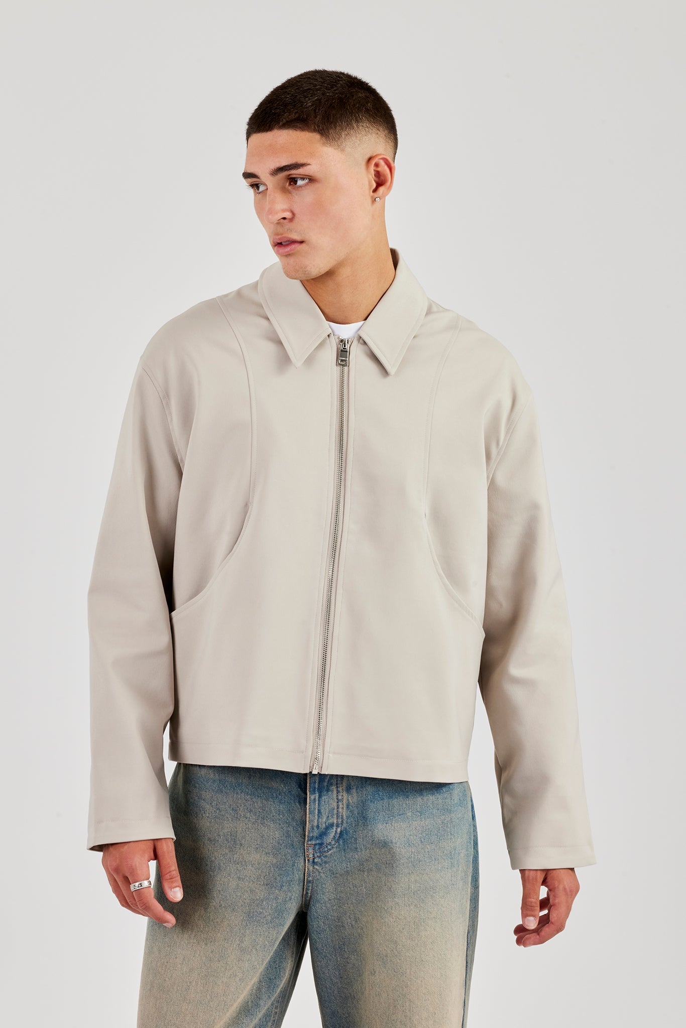 Twill Pocket Detail Harrington Jacket - Stone