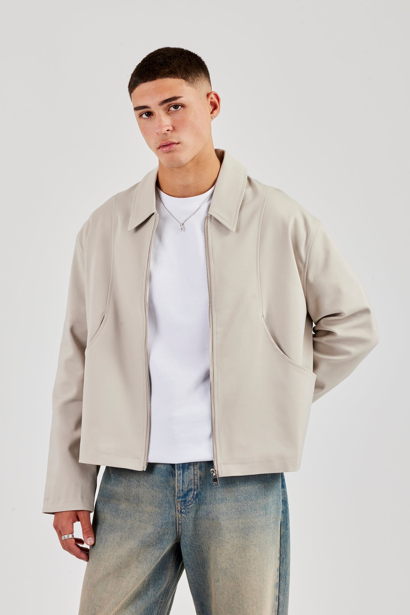 Twill Pocket Detail Harrington Jacket - Stone
