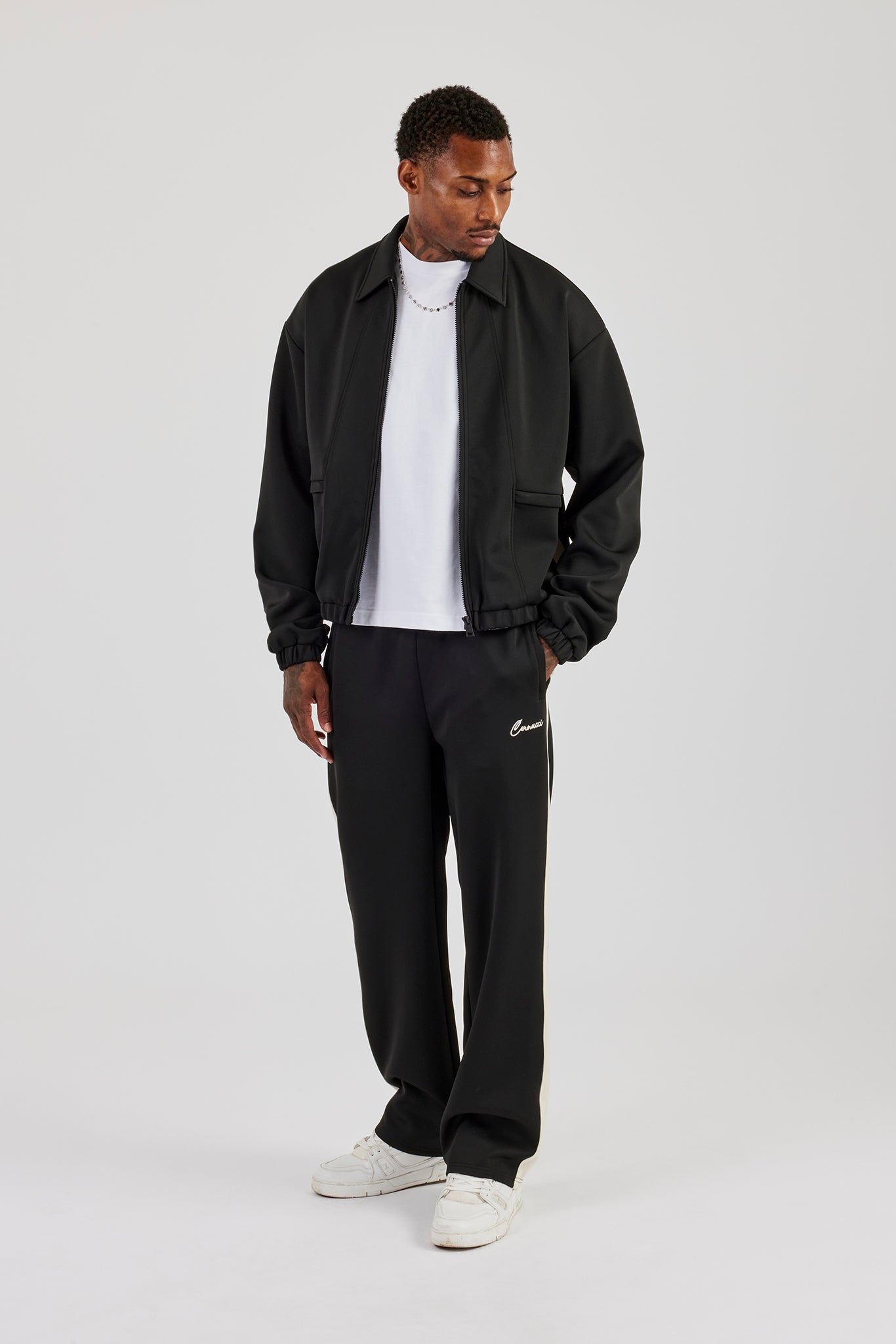 Poly Contrast Track Jacket & Relaxed Trouser- Black | Mens Sets