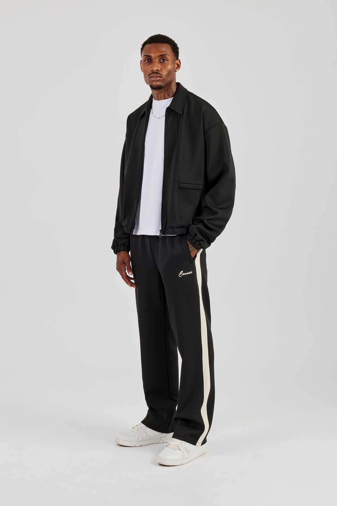 Poly Contrast Track Jacket & Relaxed Trouser- Black | Mens Sets