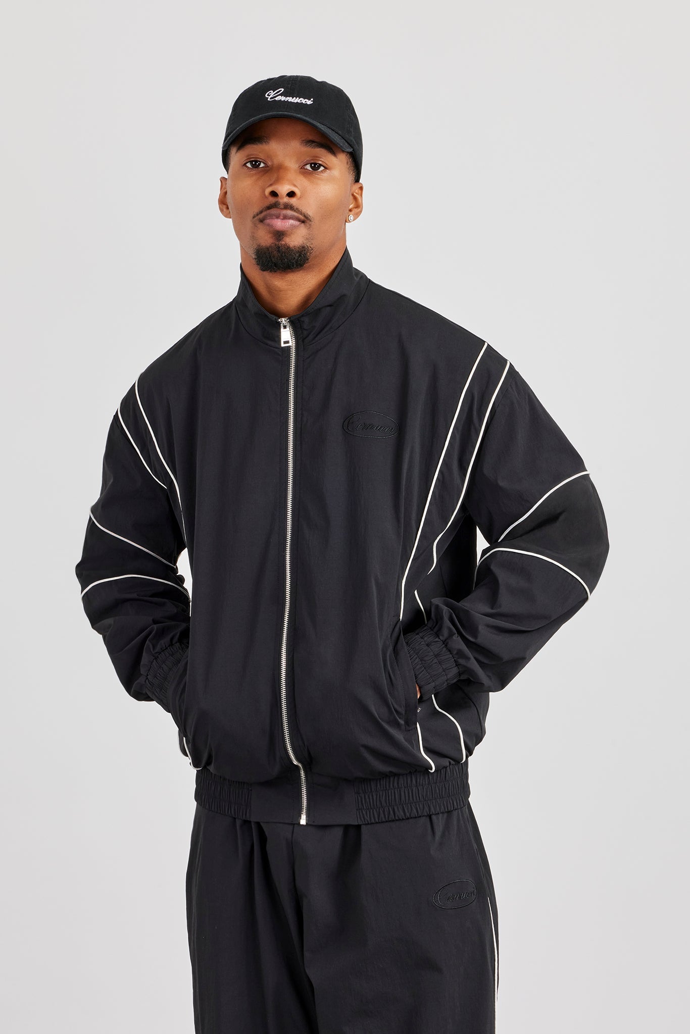 Nylon Piping Embroidered Track Jacket - Black