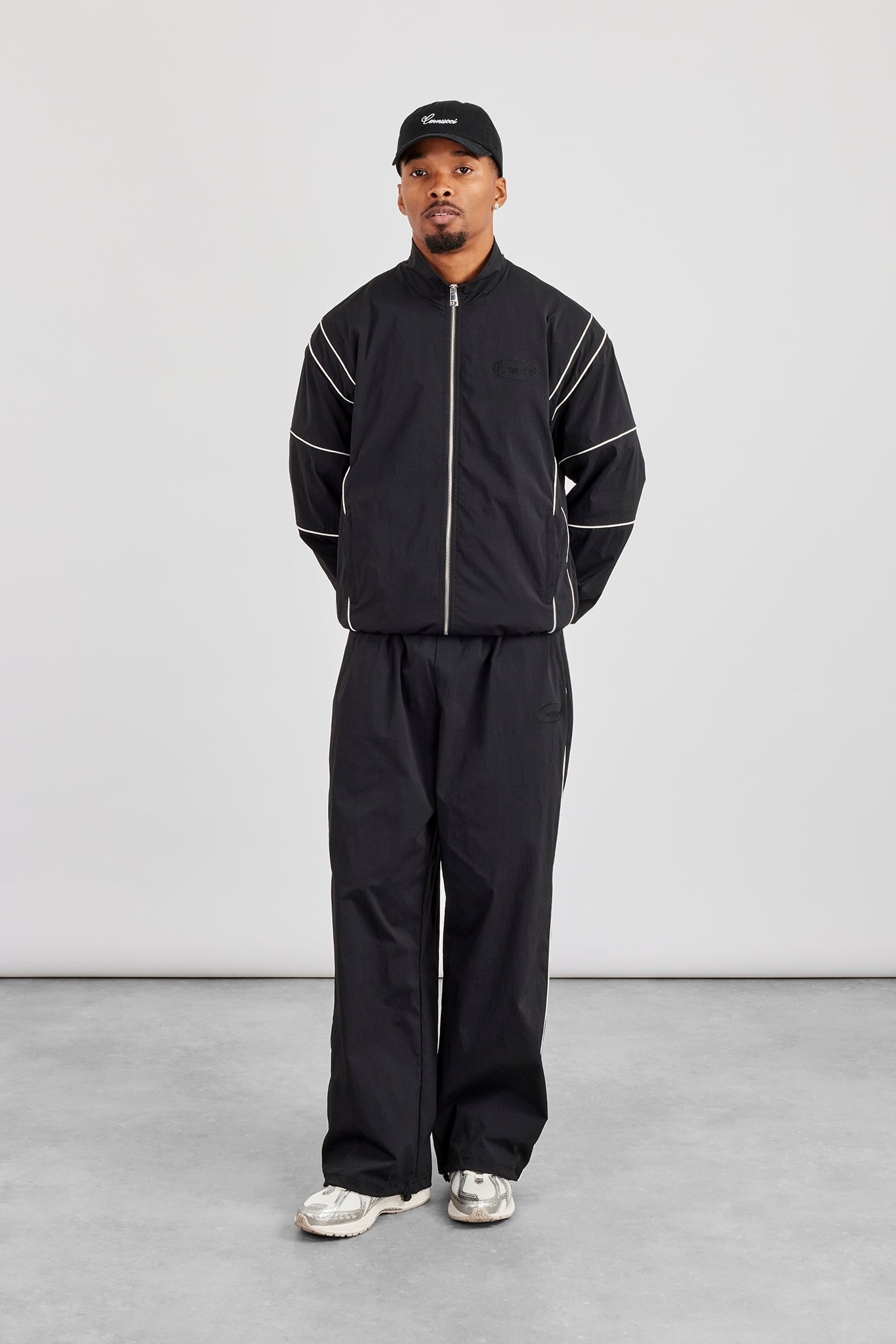 Nylon Piping Embroidered Track Jacket & Cargo Trouser - Black
