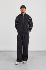 Nylon Piping Embroidered Track Jacket & Cargo Trouser - Black