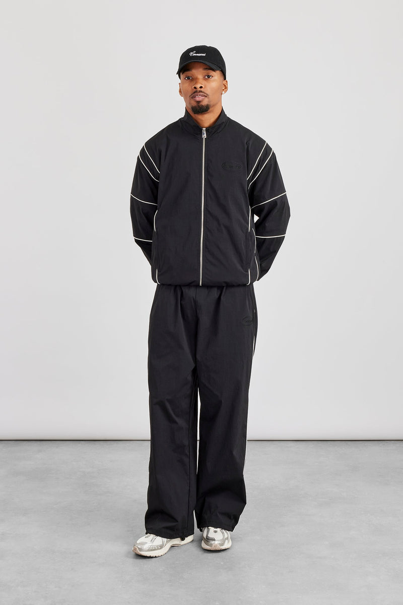 Nylon Piping Embroidered Track Jacket & Cargo Trouser - Black 