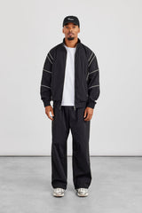 Nylon Piping Embroidered Track Jacket & Cargo Trouser - Black