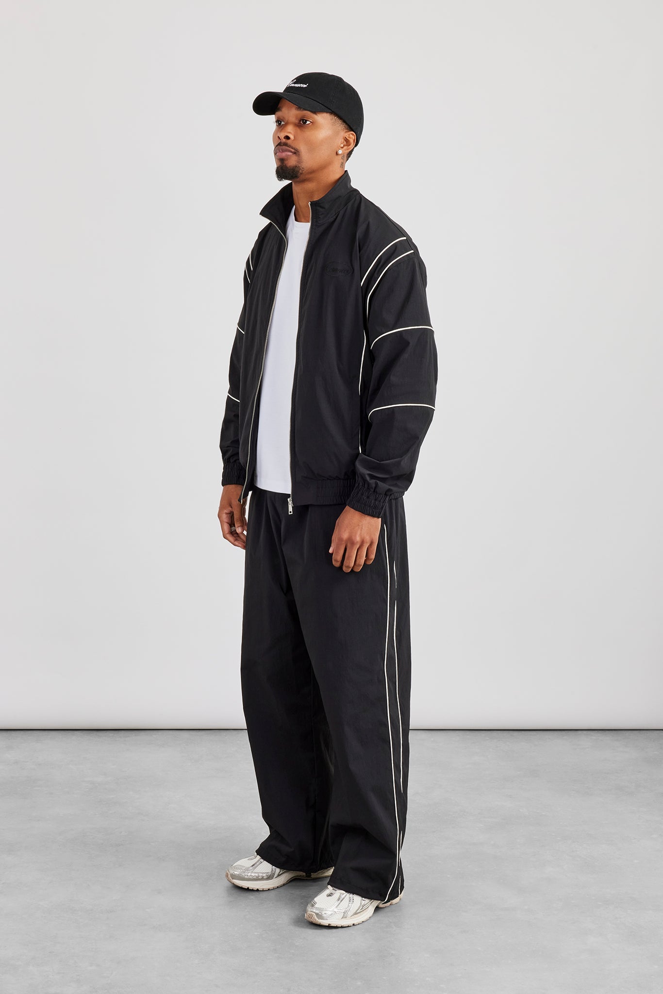 Nylon Piping Embroidered Track Jacket & Cargo Trouser - Black