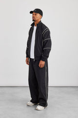 Nylon Piping Embroidered Track Jacket & Cargo Trouser - Black