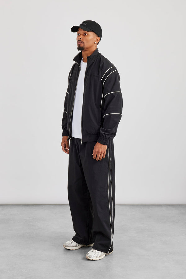 Nylon Piping Embroidered Track Jacket & Cargo Trouser - Black